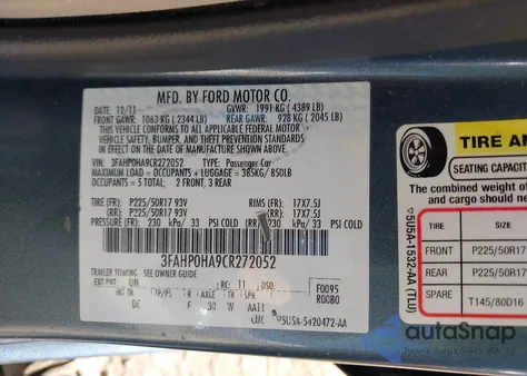 2012 Ford Fusion Se из США, поврежденный, VIN 3FAHP0HA9CR272052